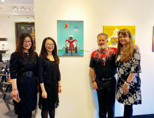 Artist Cindy Thornton with President of LA Arts Alliance, Peter Drivas, grateful for the support of the GP DEVA Art Charity Exhibition program New series, new characters